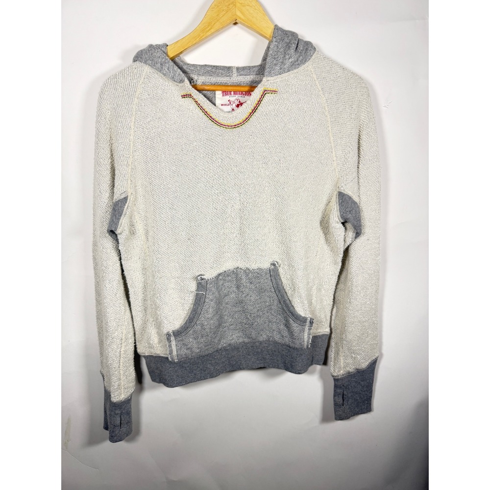 True Religion Womens Grey French Terry Pullover Hoodie Rainbow Stitch Size S